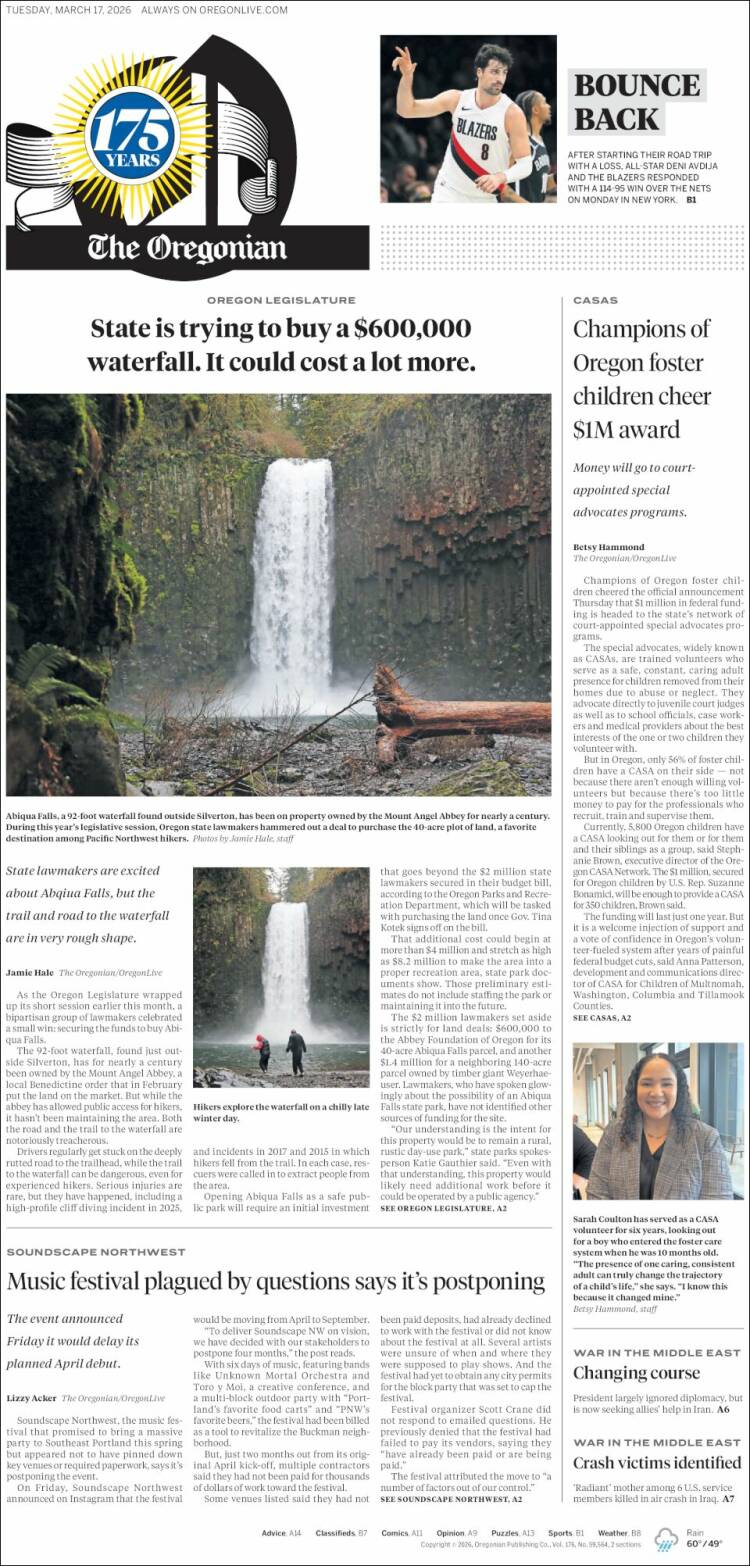 Portada de The Oregonian (USA)