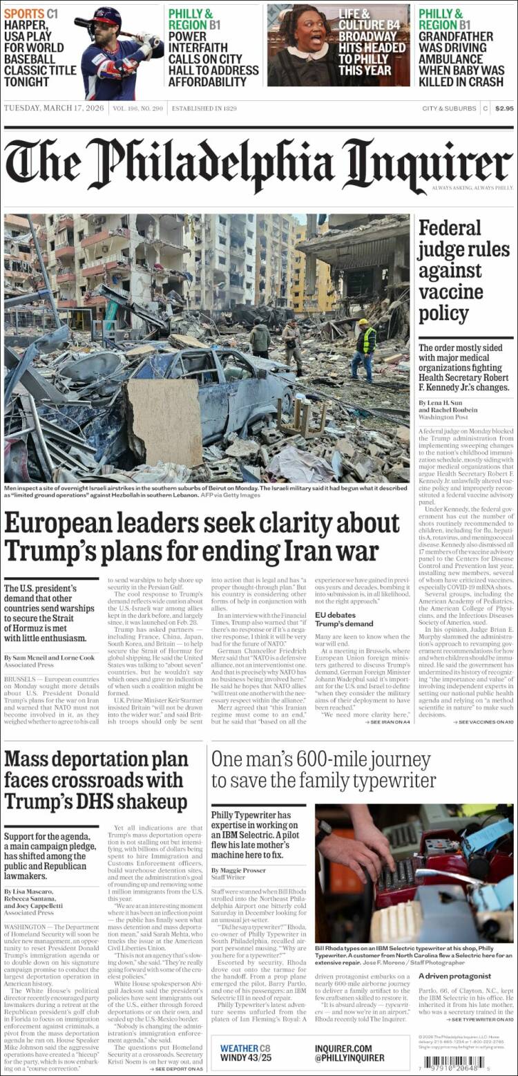 Portada de Philadelphia Inquirer (USA)