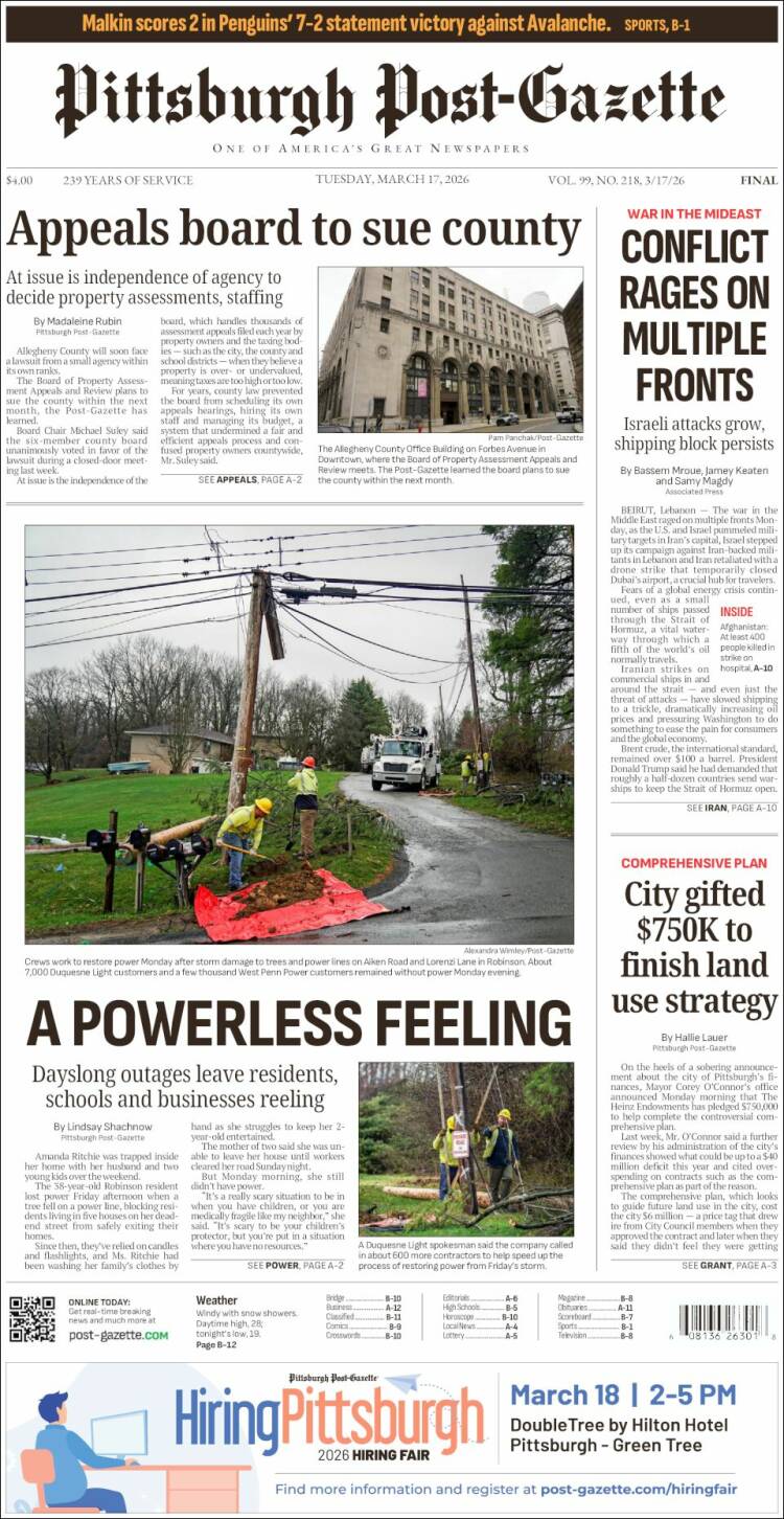 Portada de Pittsburgh Post-Gazette (USA)