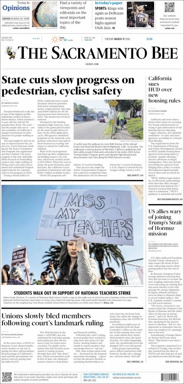 Portada de The Sacramento Bee (USA)