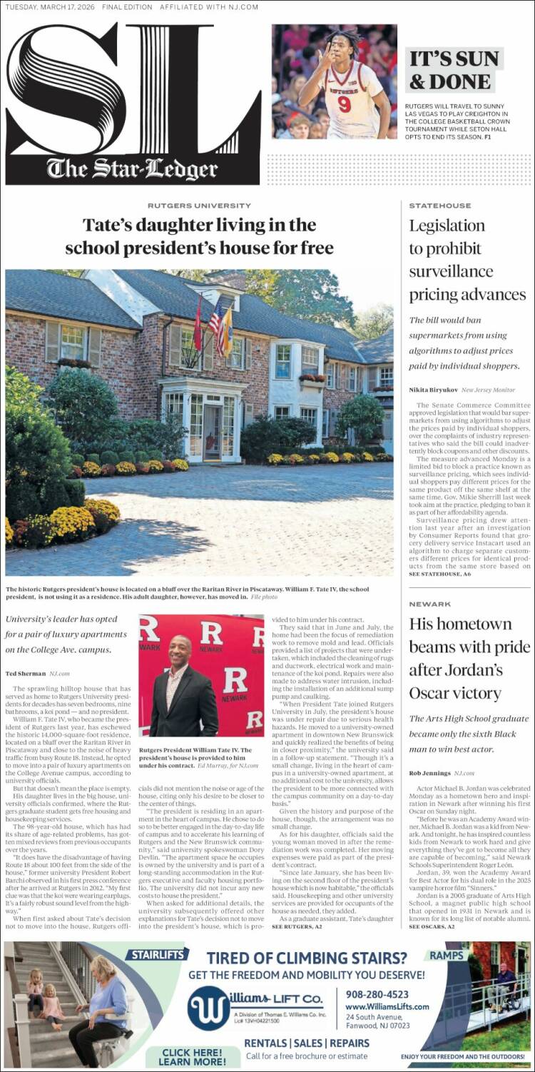 Portada de Star-Ledger (USA)