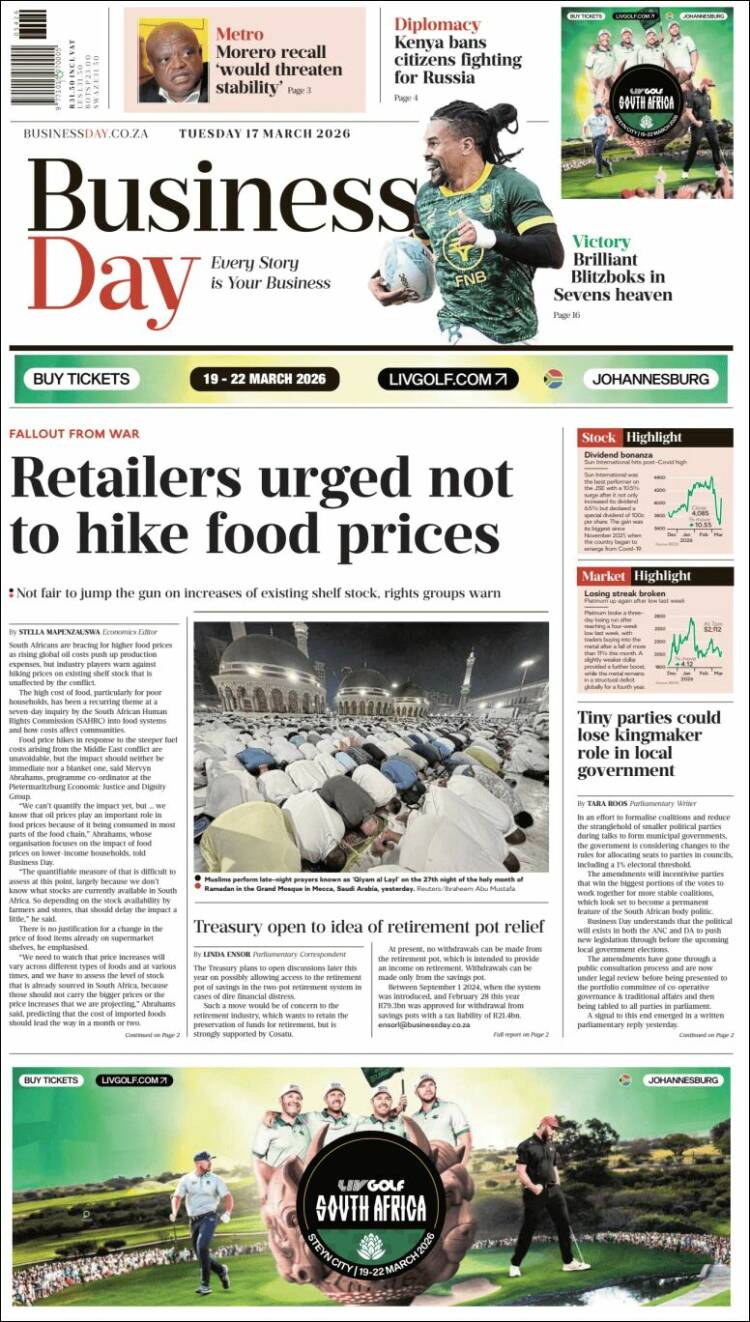 Portada de Business Day (Sud&aacute;frica)