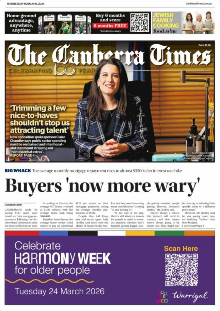 Portada de The Canberra Times (Australia)
