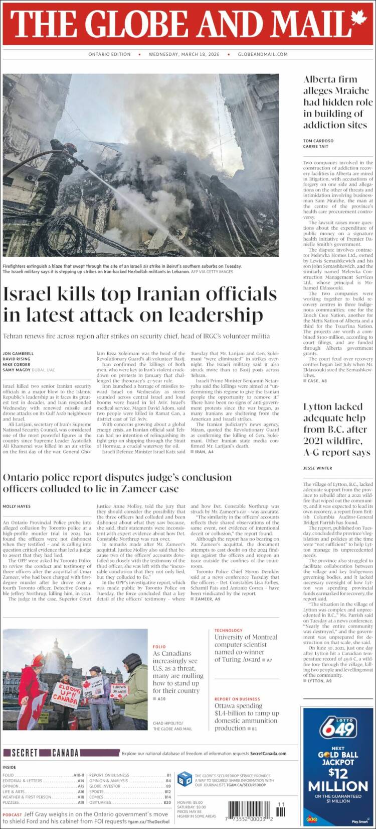 Portada de The Globe and Mail (Canad&aacute;)