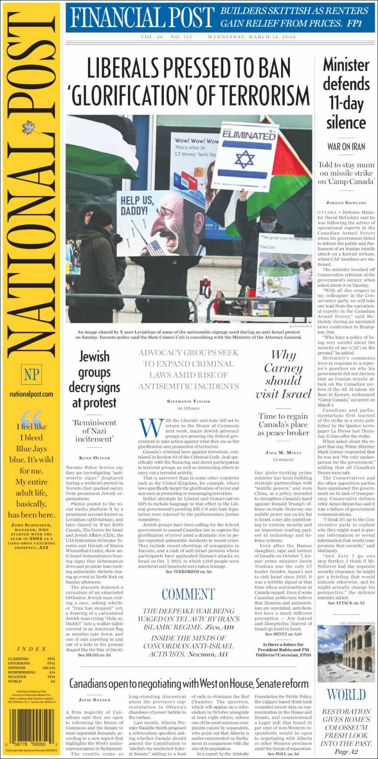 Portada de The National Post (Canad&aacute;)