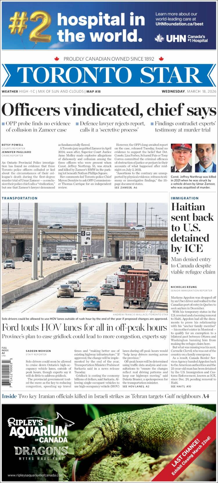 Portada de The Toronto Star (Canad&aacute;)