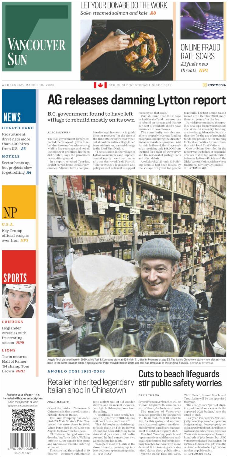 Portada de The Vancouver Sun (Canad&aacute;)