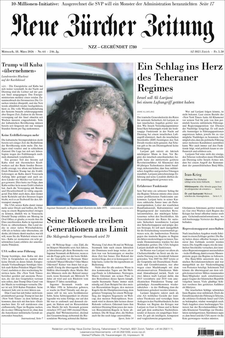 Portada de Neue Zürcher Zeitung (Suiza)