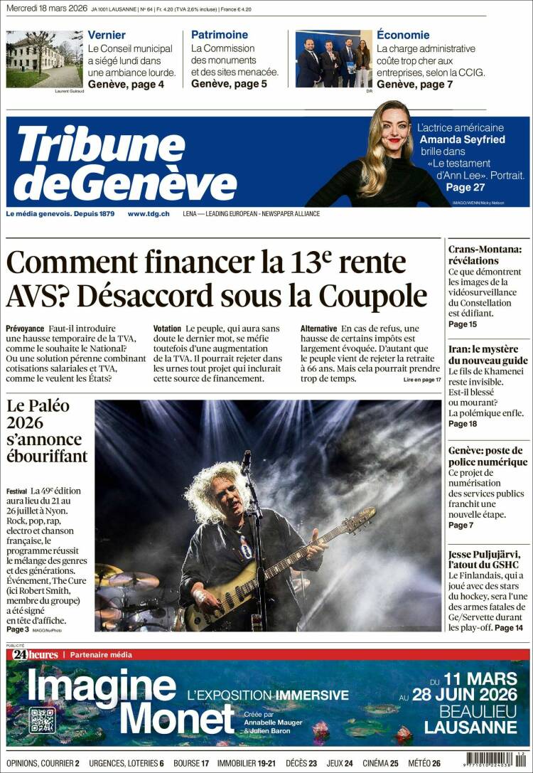 Portada de La Tribune de Genève (Suiza)