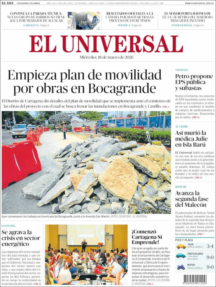 Portada de El Universal (Colombia)