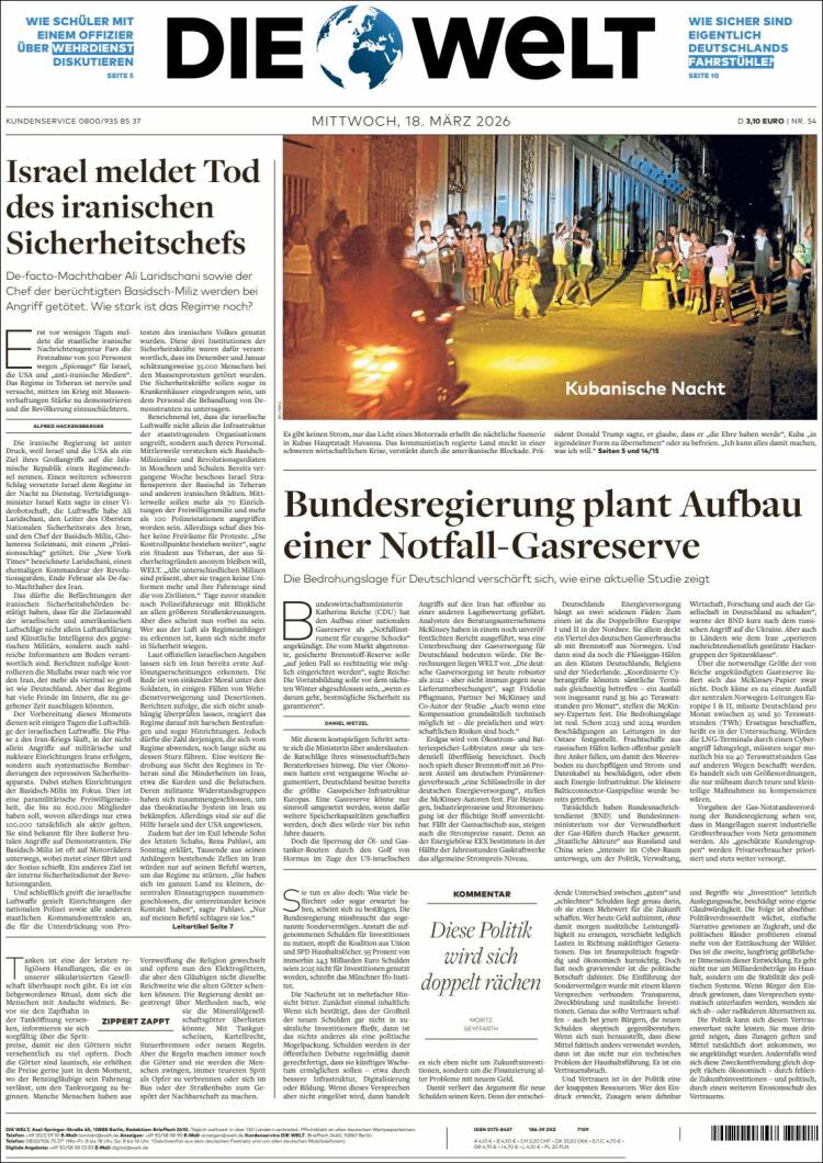 Portada de Die Welt (Alemania)