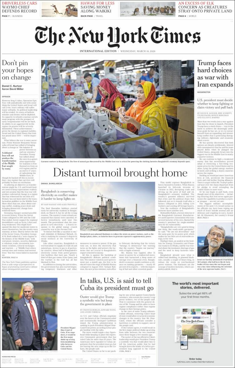 Portada de International New York Times (Europa)