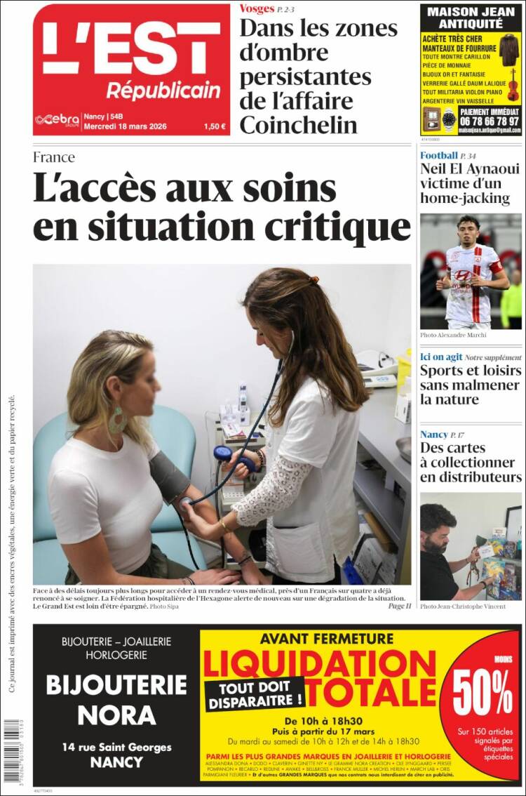 Portada de L'Est Republicain (Francia)