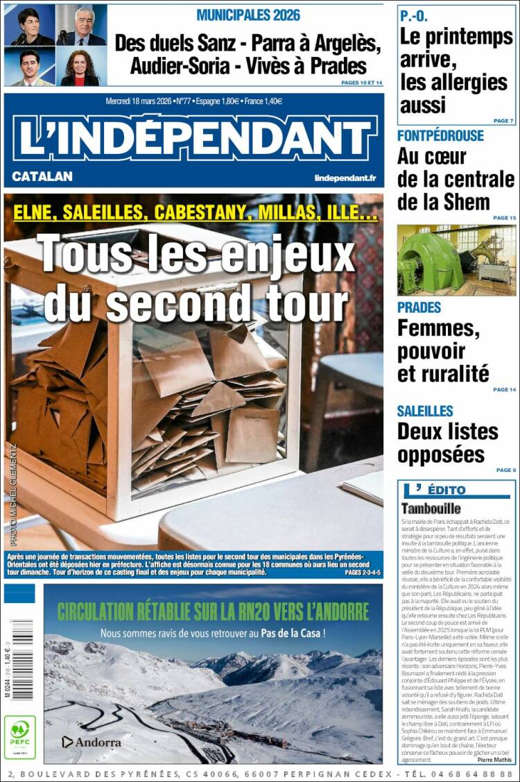 Portada de Le Indépendant (Francia)