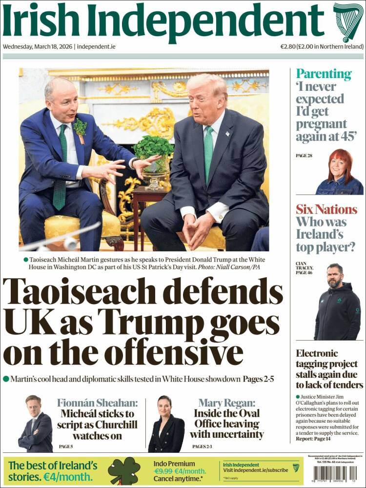 Portada de Irish Independent (Irlanda)