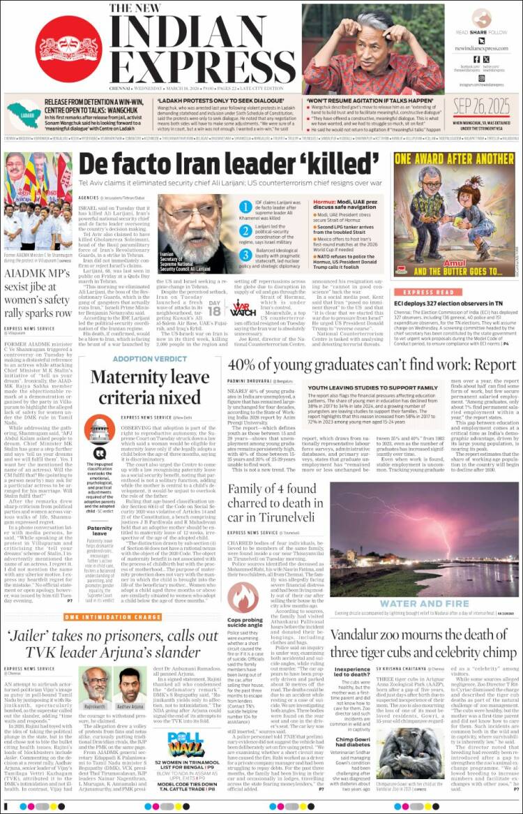 Portada de New Indian Express (India)