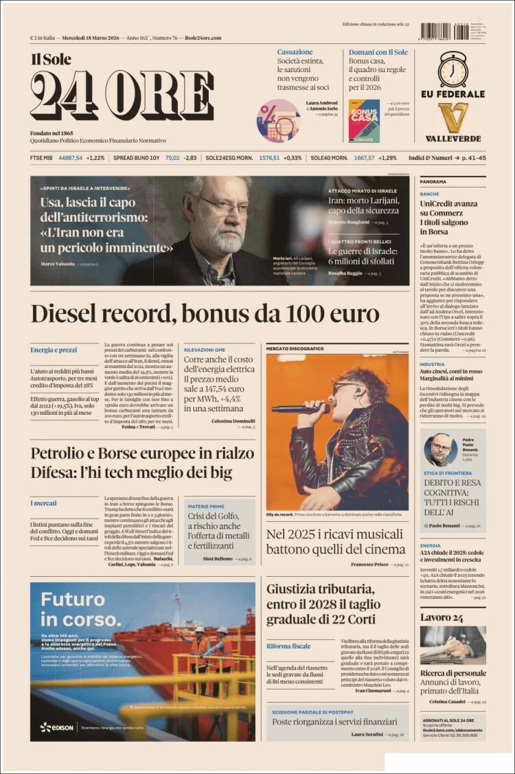 Portada de Il Sole 24 ORE (Italia)
