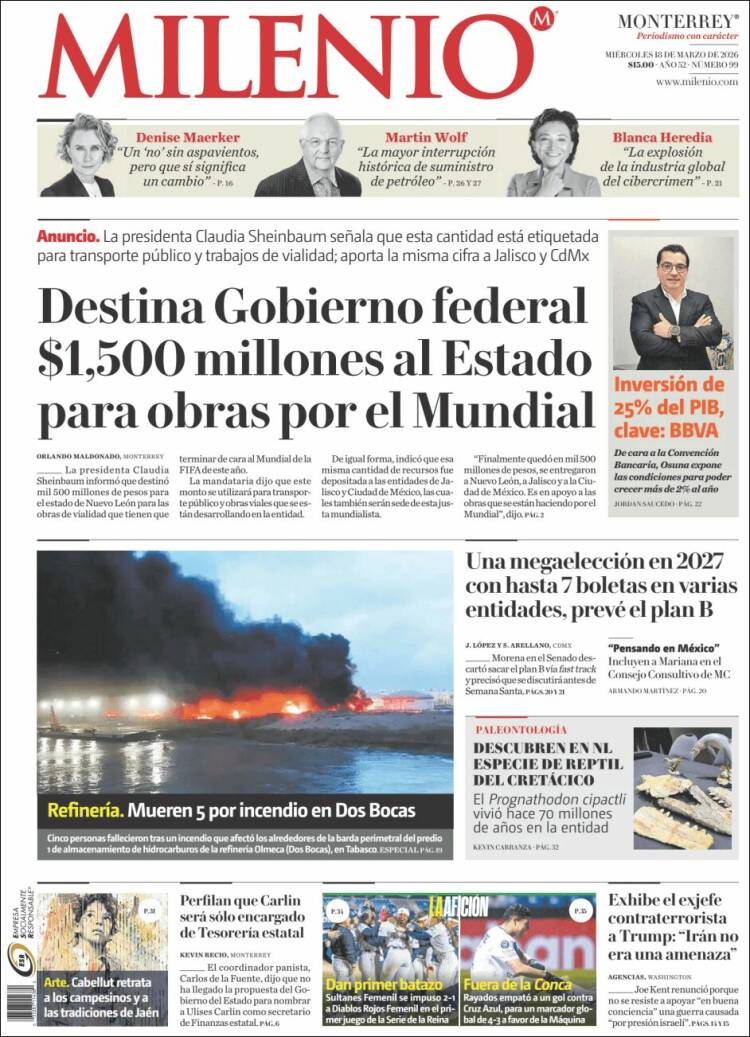 Portada de Milenio de Monterrey (M&eacute;xico)