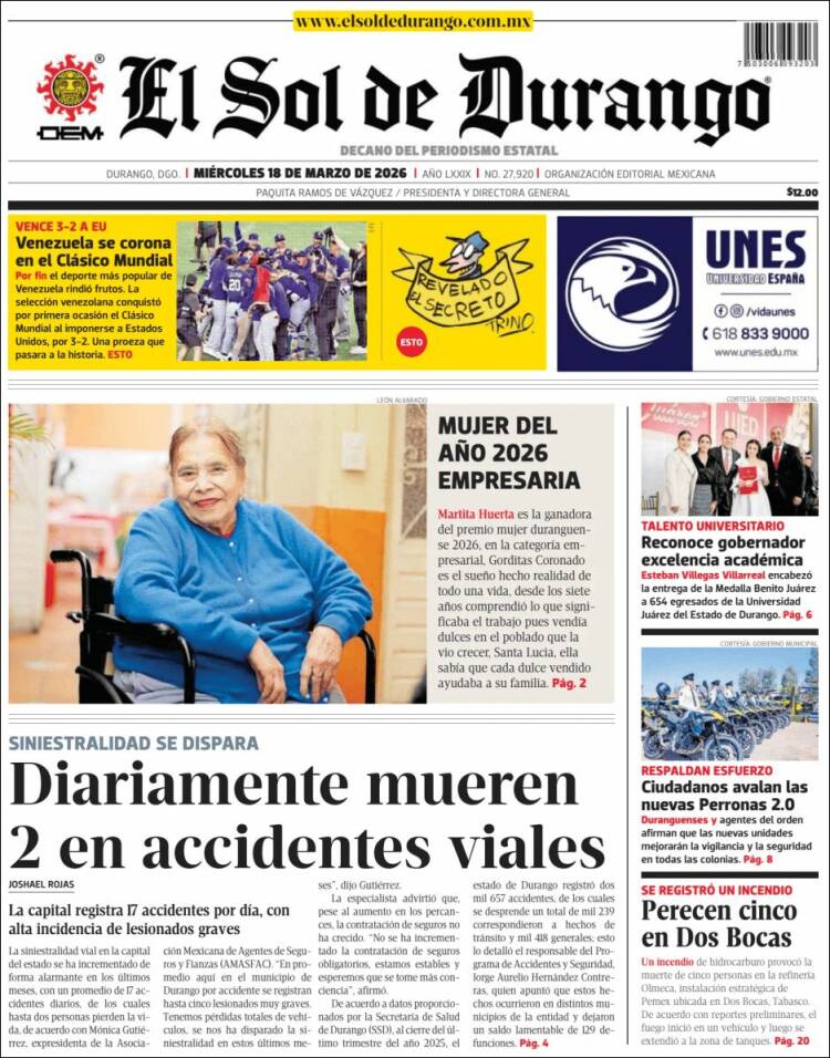 Portada de El Sol de Durango (M&eacute;xico)