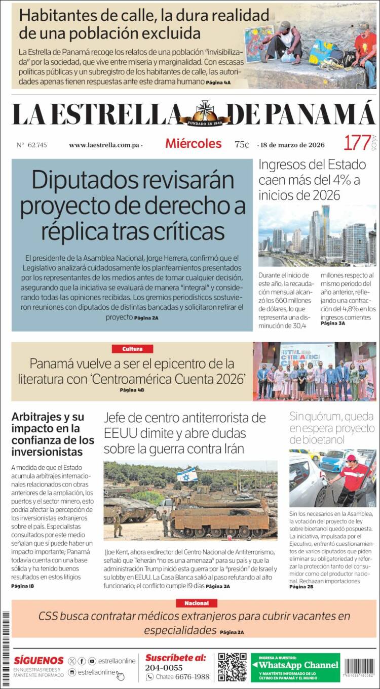 Portada de La Estrella de Panamá (Panam&aacute;)