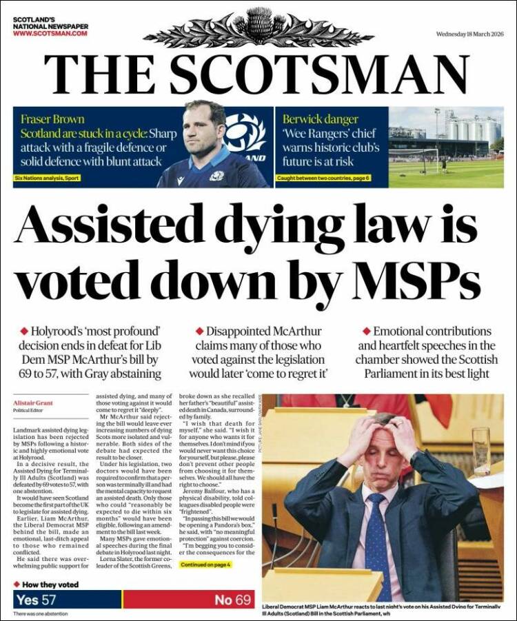 Portada de The Scotsman (Reino Unido)