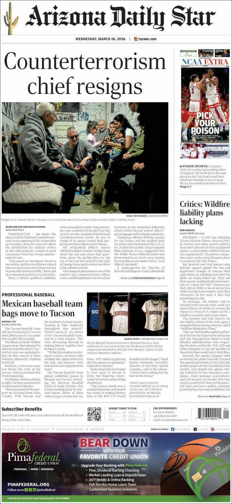 Portada de Arizona Daily Star (USA)