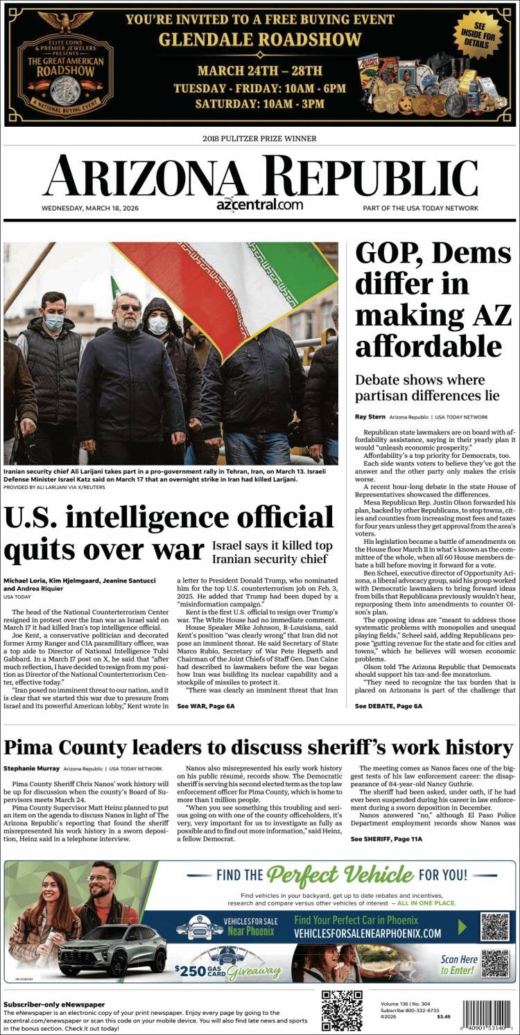 Portada de Arizona Republic News (USA)