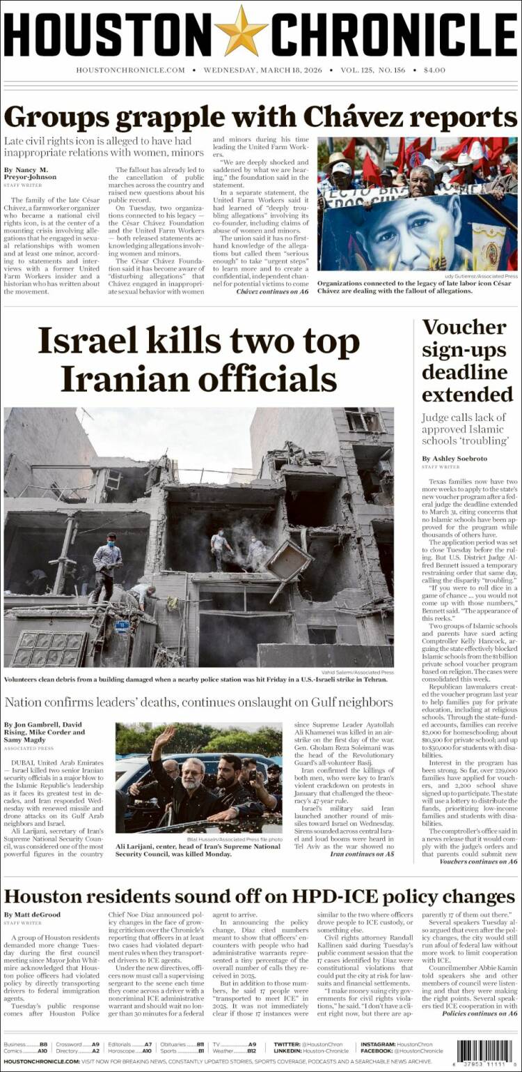 Portada de Houston Chronicle (USA)