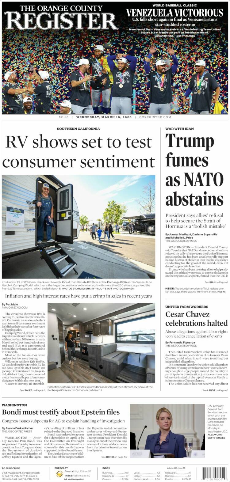 Portada de The Orange County Register (USA)