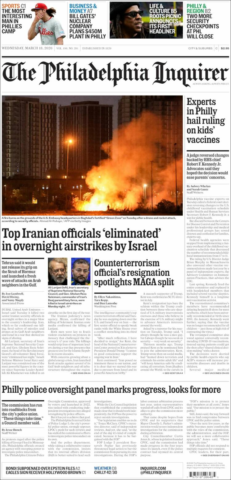 Portada de Philadelphia Inquirer (USA)