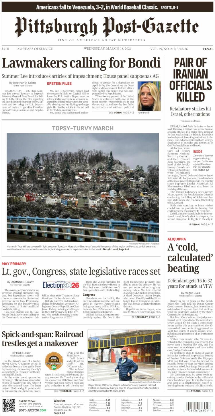 Portada de Pittsburgh Post-Gazette (USA)