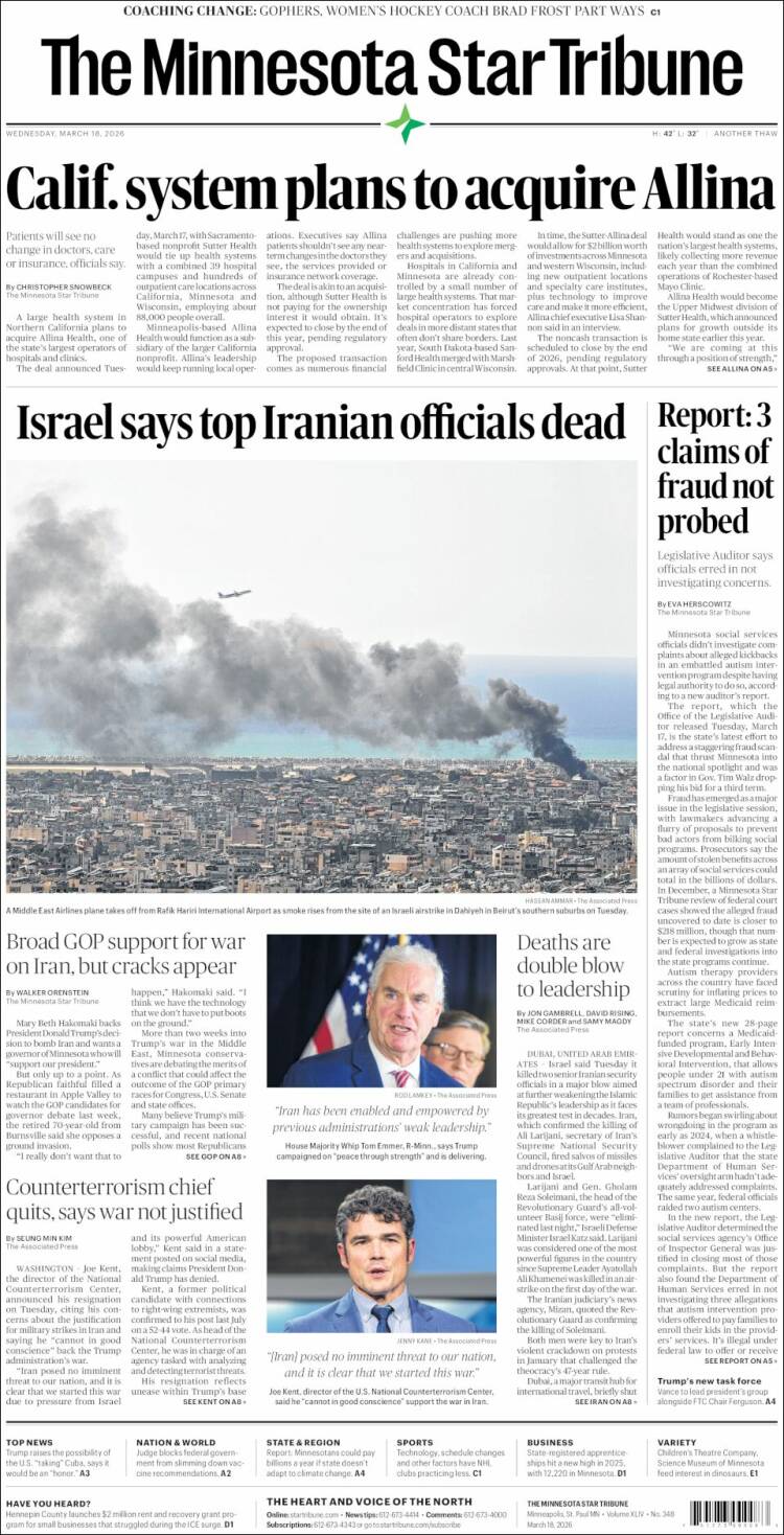 Portada de Star Tribune (USA)