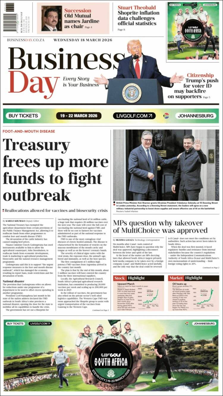 Portada de Business Day (Sud&aacute;frica)