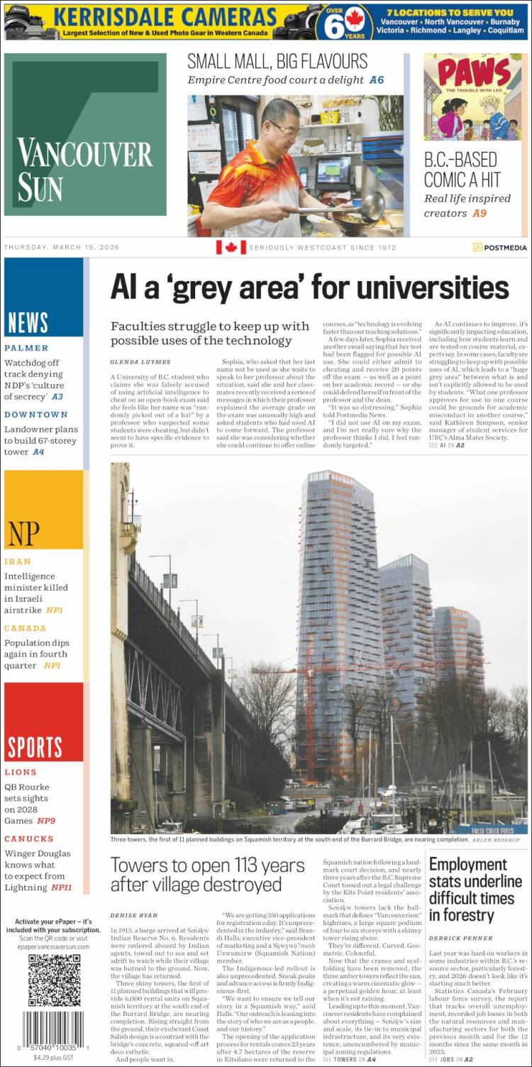 Portada de The Vancouver Sun (Canad&aacute;)