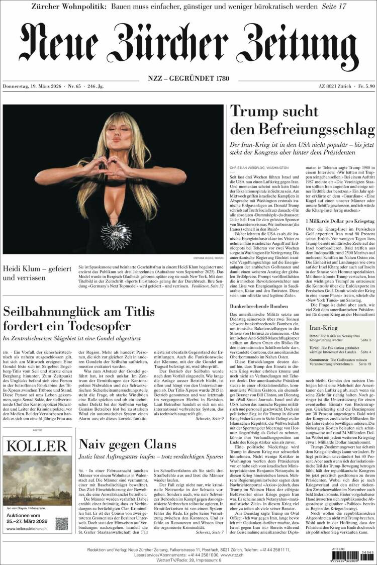 Portada de Neue Zürcher Zeitung (Suiza)