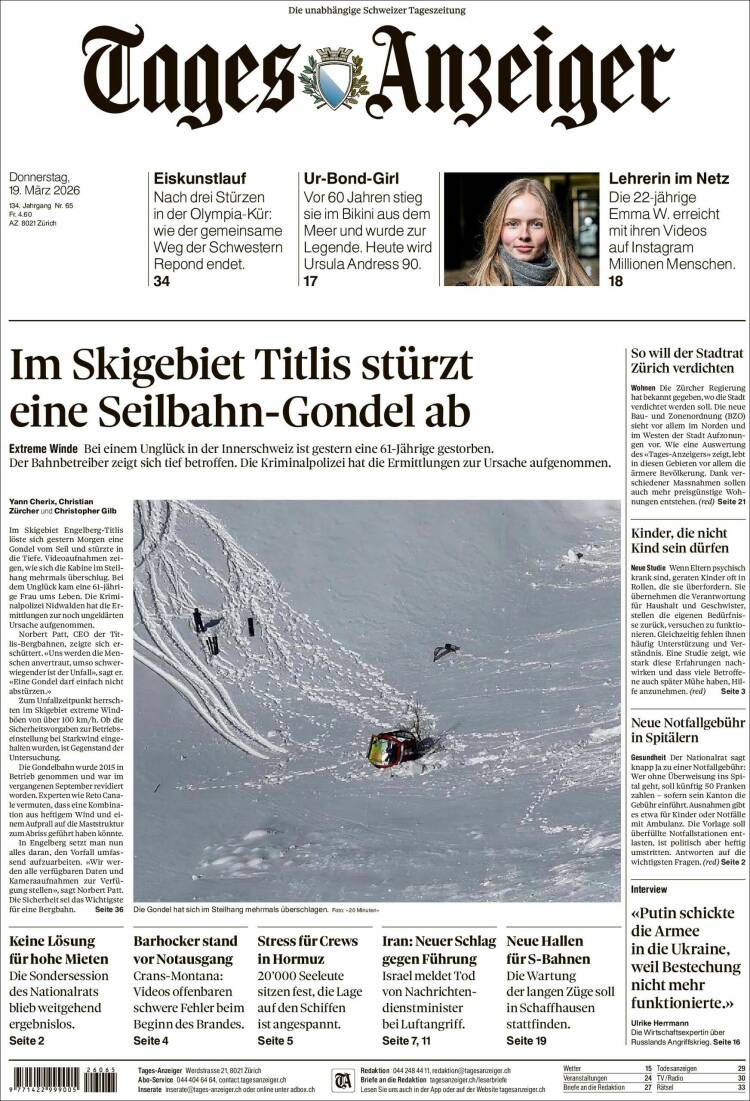 Portada de Tages-Anzeiger (Suiza)