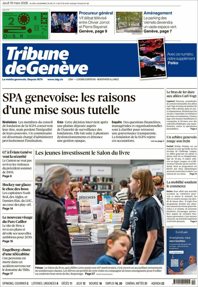 Portada de La Tribune de Genève (Suiza)