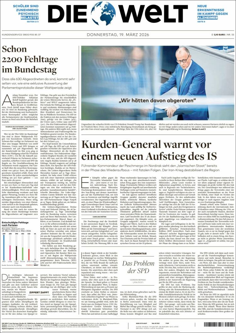 Portada de Die Welt (Alemania)