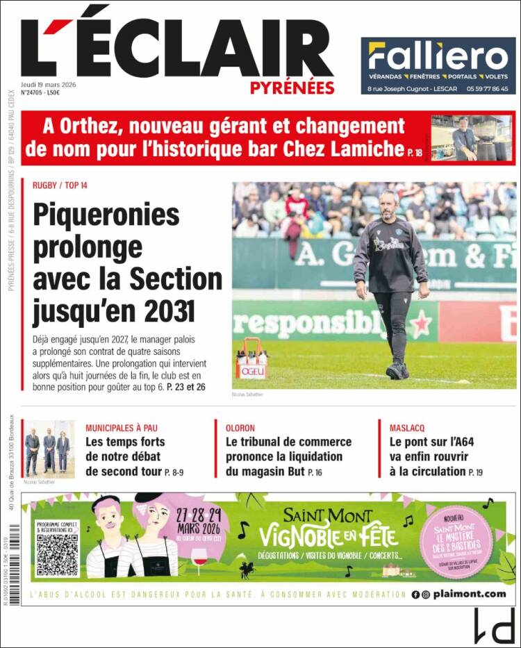 Portada de L'Eclair des Pyrénées (Francia)