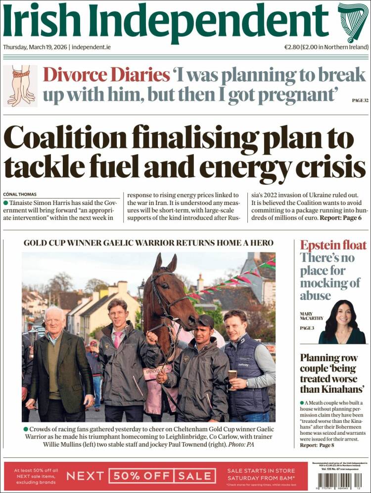 Portada de Irish Independent (Irlanda)