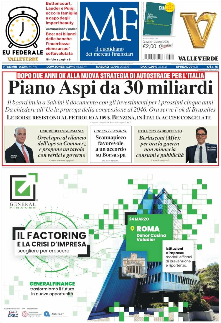 Portada de Milano Finanza (Italia)