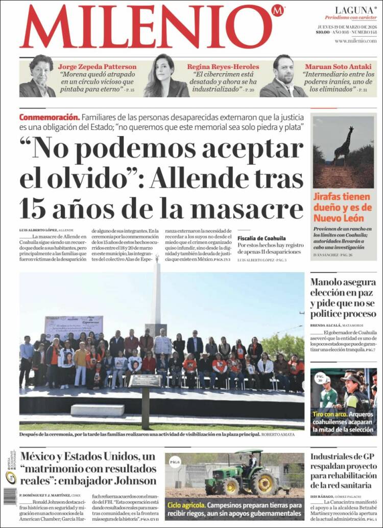 Portada de Milenio - Laguna (M&eacute;xico)