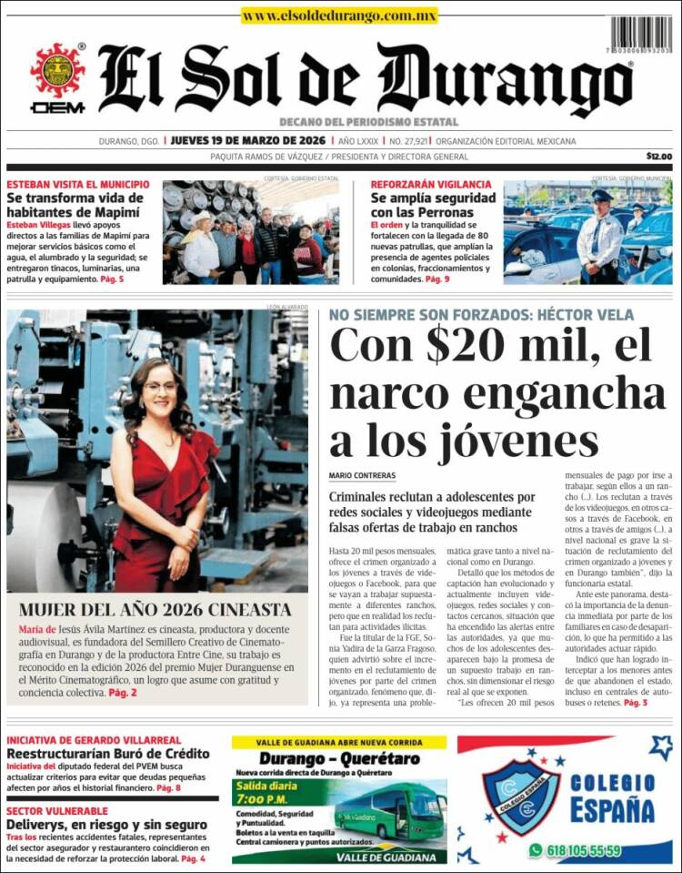 Portada de El Sol de Durango (M&eacute;xico)