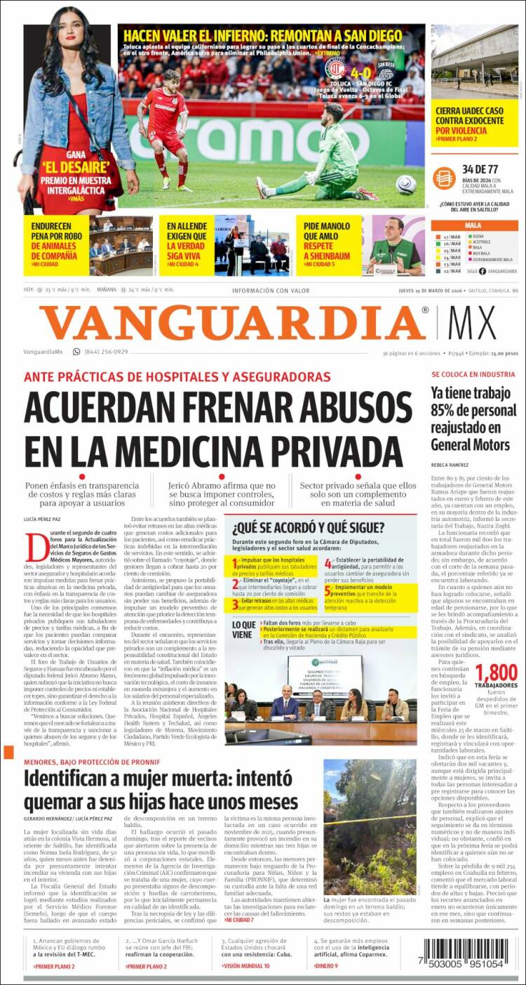 Portada de Vanguardia (M&eacute;xico)
