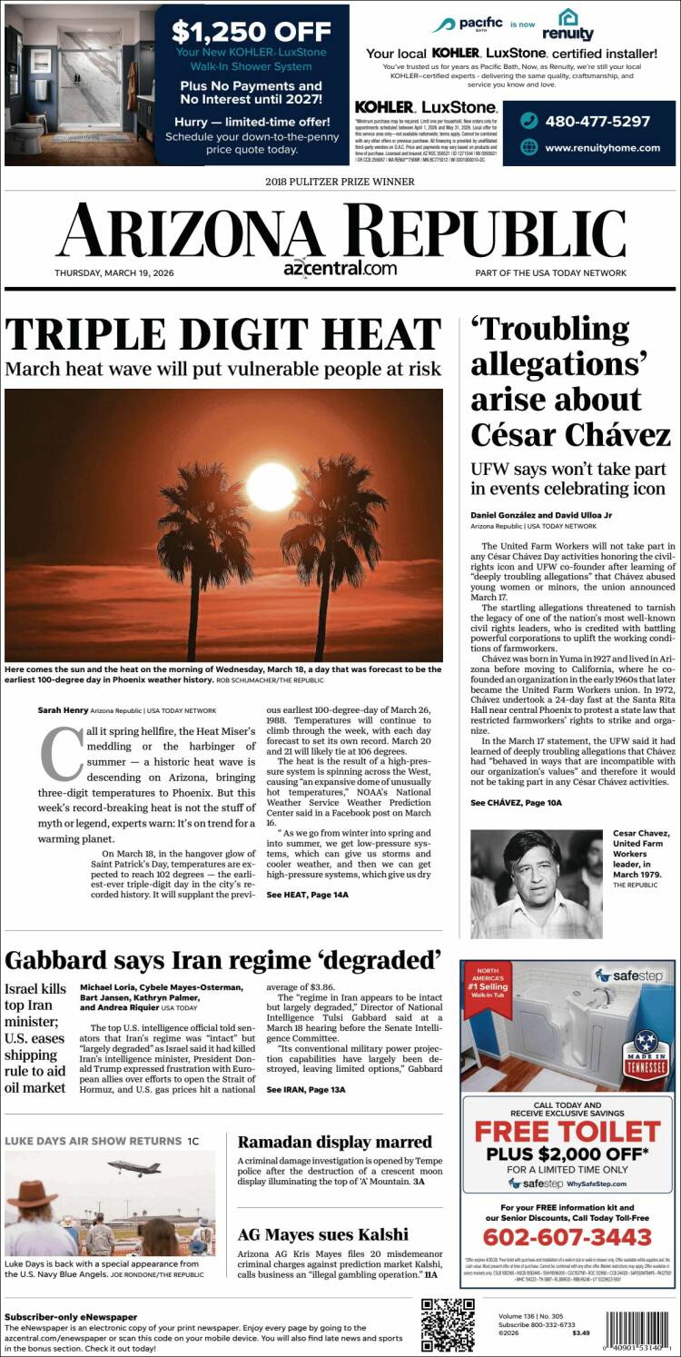 Portada de Arizona Republic News (USA)