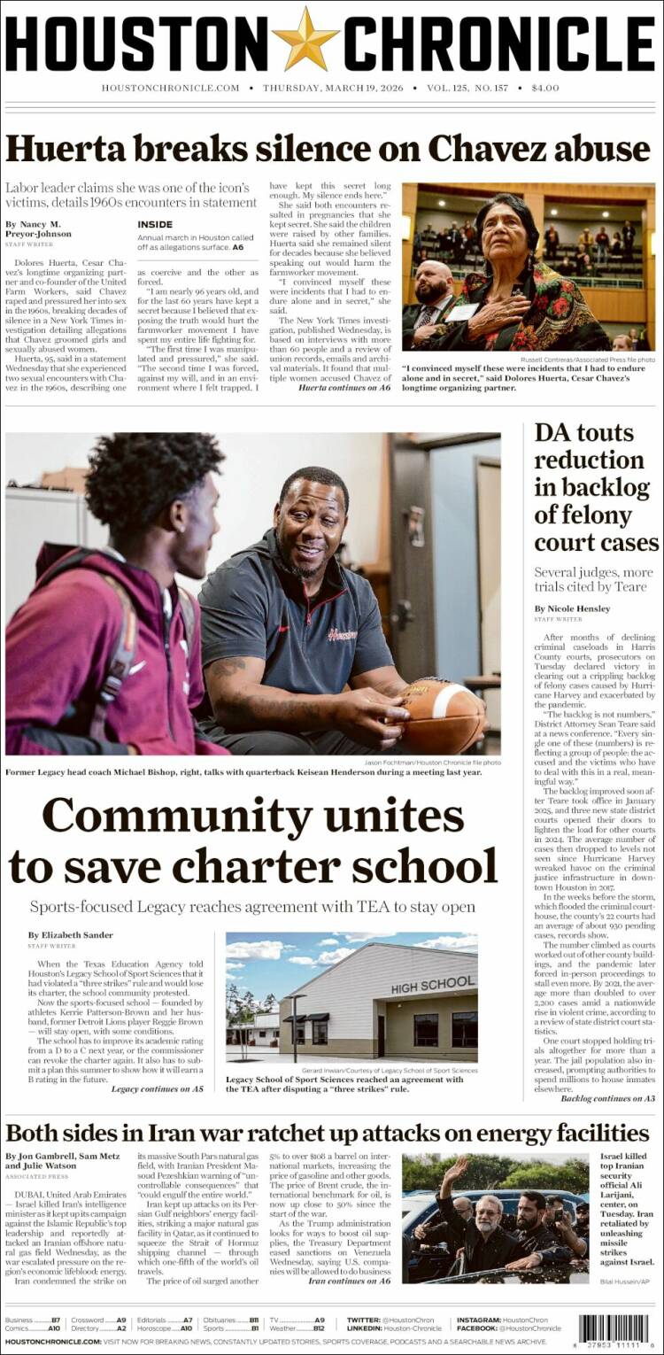 Portada de Houston Chronicle (USA)