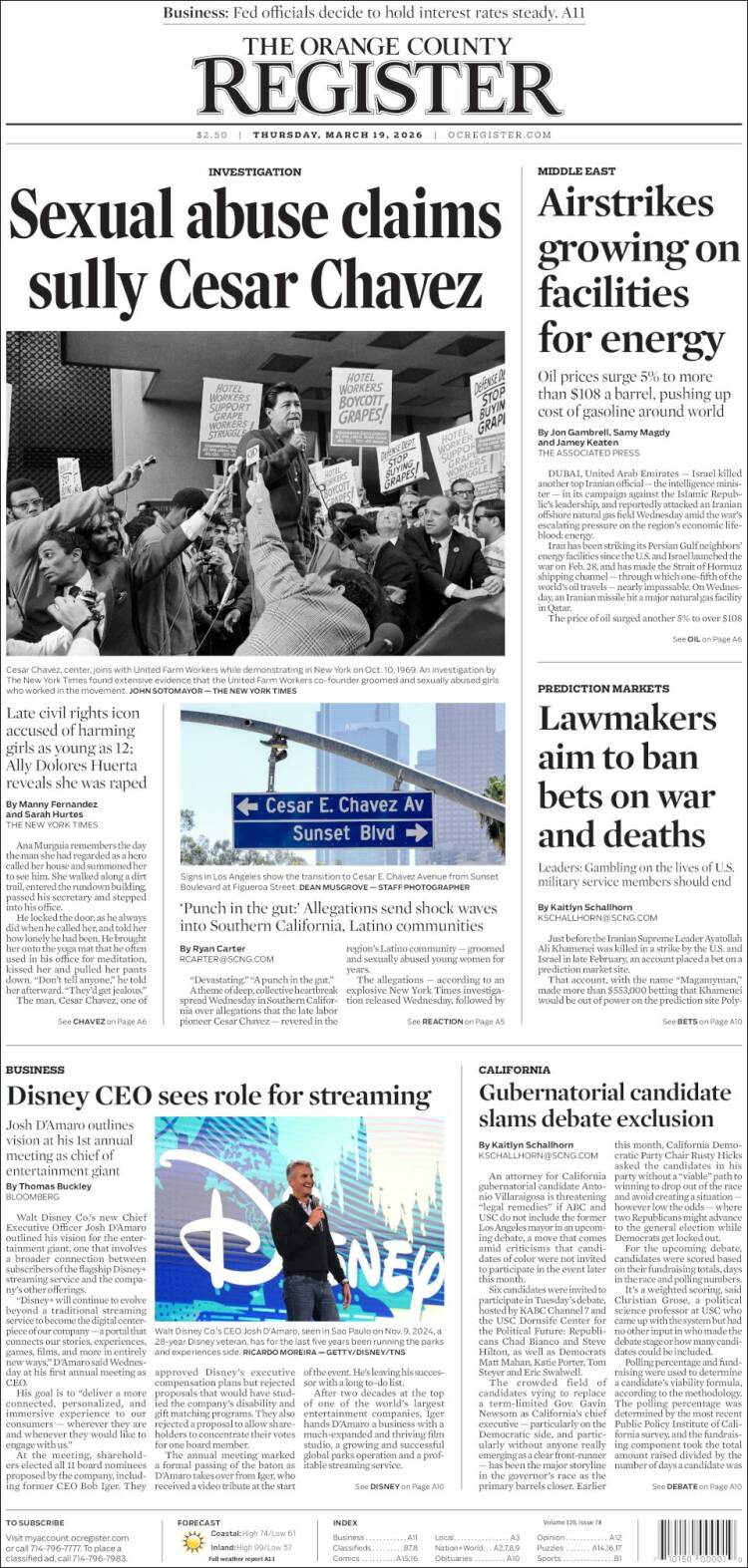 Portada de The Orange County Register (USA)