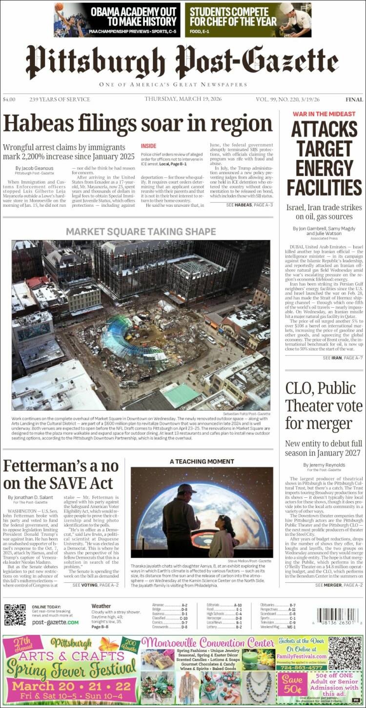 Portada de Pittsburgh Post-Gazette (USA)