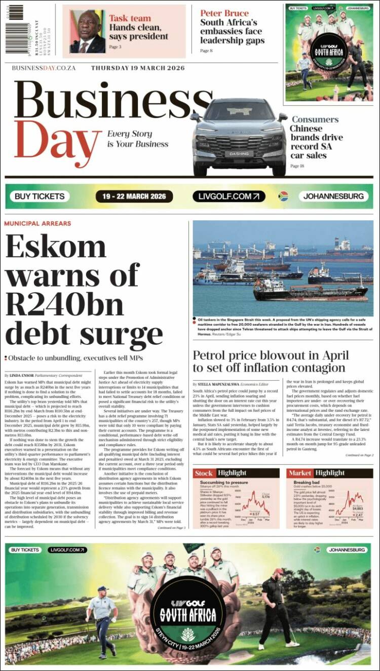 Portada de Business Day (Sud&aacute;frica)