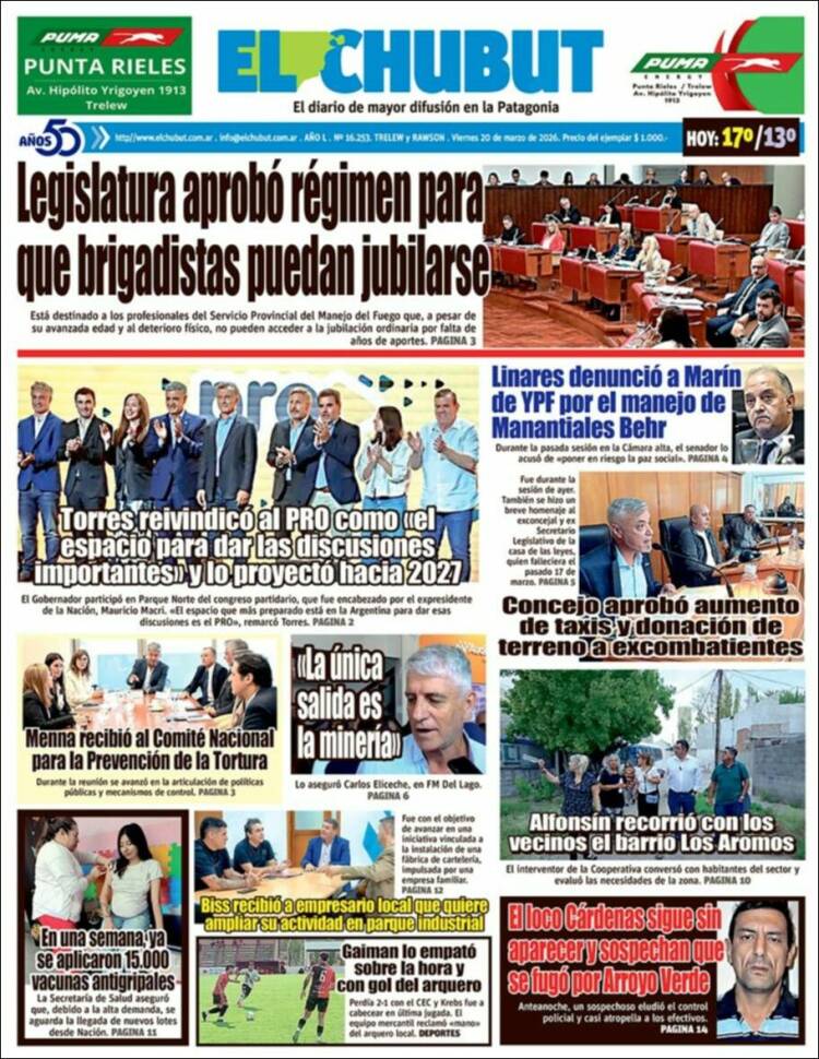 Portada de El Chubut (Argentina)